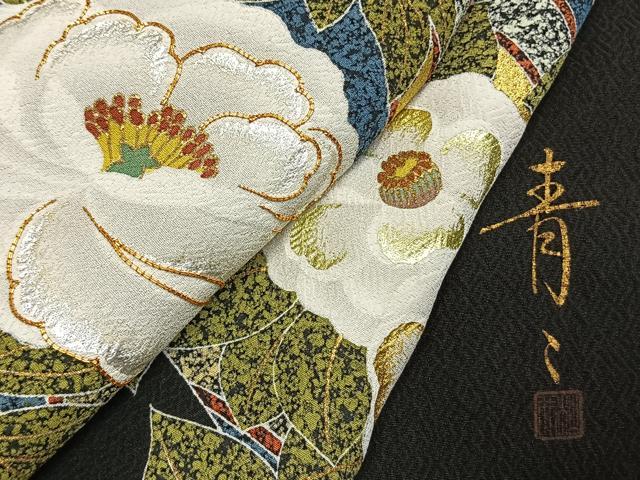 平和屋着物●京友禅の第一人者　松井青々　訪問着　駒刺繍　枝梅花文　黒地　金銀彩　正絹　逸品　AABM8479fy