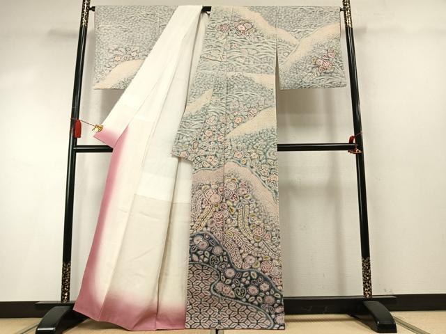 平和屋着物●十七代京屋林蔵　訪問着　本場結城紬地　絞り　辻が花　暈し染め　正絹　逸品　AABM8483fy