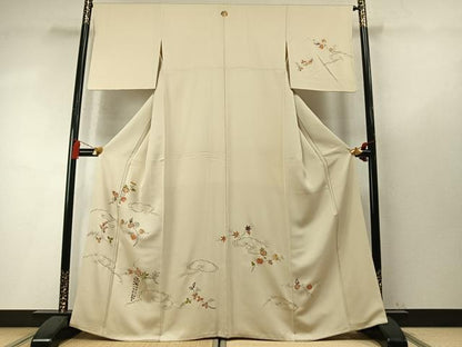 平和屋着物●訪問着　駒刺繍　草花文　正絹　逸品　AABM8485fy