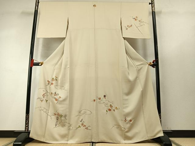 平和屋着物●訪問着　駒刺繍　草花文　正絹　逸品　AABM8485fy