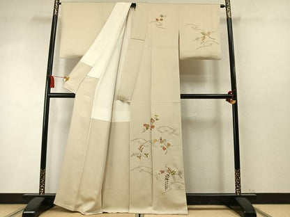 平和屋着物●訪問着　駒刺繍　草花文　正絹　逸品　AABM8485fy
