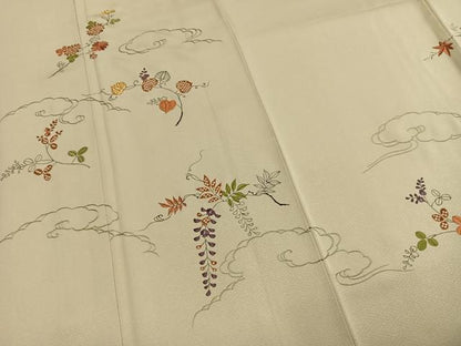 平和屋着物●訪問着　駒刺繍　草花文　正絹　逸品　AABM8485fy