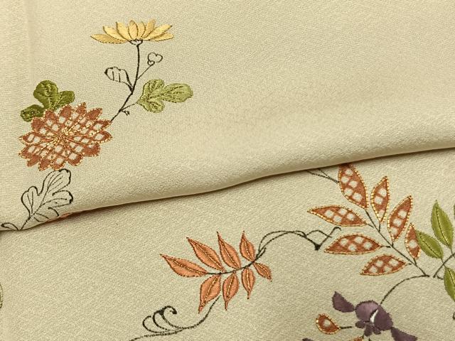 平和屋着物●訪問着　駒刺繍　草花文　正絹　逸品　AABM8485fy