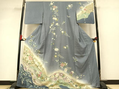 平和屋着物●訪問着　絞り　駒刺繍　草花文　暈し染め　金銀彩　正絹　逸品　AABM8496fy