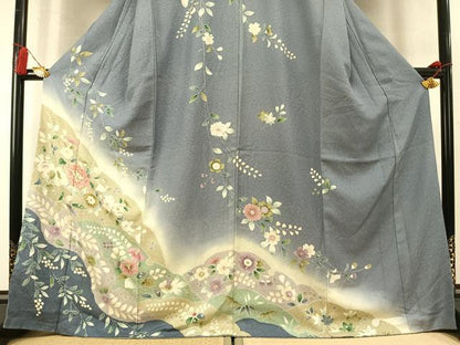 平和屋着物●訪問着　絞り　駒刺繍　草花文　暈し染め　金銀彩　正絹　逸品　AABM8496fy