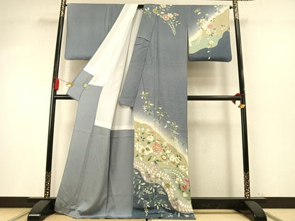 平和屋着物●訪問着　絞り　駒刺繍　草花文　暈し染め　金銀彩　正絹　逸品　AABM8496fy