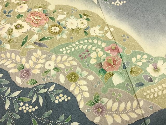 平和屋着物●訪問着　絞り　駒刺繍　草花文　暈し染め　金銀彩　正絹　逸品　AABM8496fy