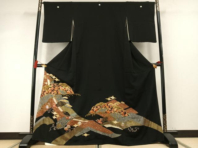 平和屋着物●創業460年・千總　黒留袖　駒刺繍　宝尽くし松花文　金糸　金彩　大丸扱い　正絹　逸品　AABM8497fy
