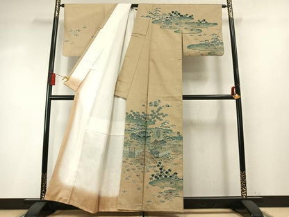 平和屋着物●訪問着　紬地　松竹梅　風景文　正絹　逸品　AABM8504fy