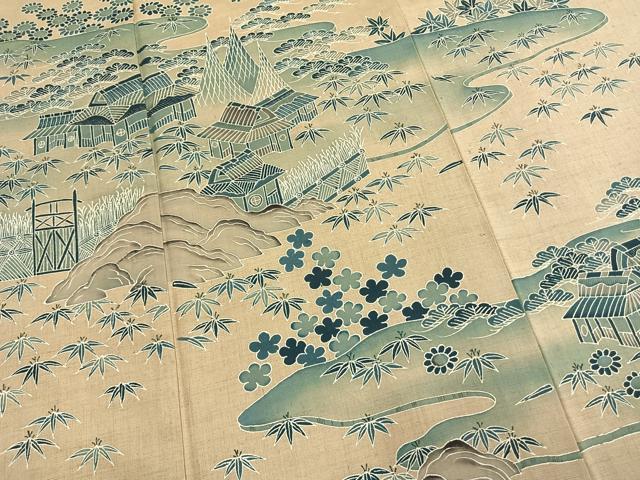平和屋着物●訪問着　紬地　松竹梅　風景文　正絹　逸品　AABM8504fy