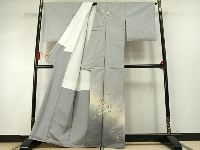 平和屋着物●訪問着　白山紬　友禅　草花文　正絹　逸品　AABM8507fy