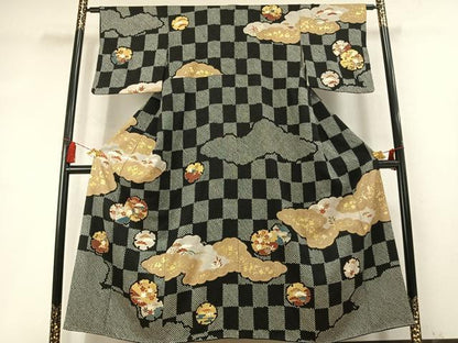 平和屋着物●訪問着　総絞り　駒刺繍　松竹梅　雪輪重ね花文　黒地　金彩　正絹　逸品　AABM8511fy