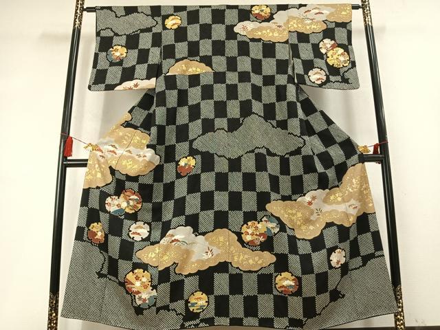 平和屋着物●訪問着　総絞り　駒刺繍　松竹梅　雪輪重ね花文　黒地　金彩　正絹　逸品　AABM8511fy