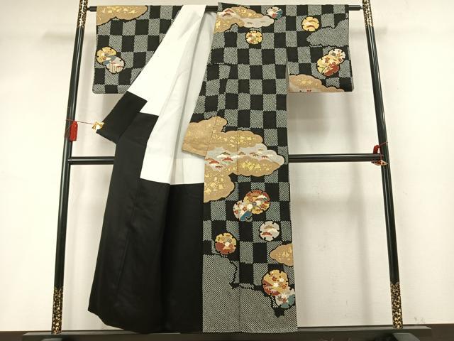 平和屋着物●訪問着　総絞り　駒刺繍　松竹梅　雪輪重ね花文　黒地　金彩　正絹　逸品　AABM8511fy