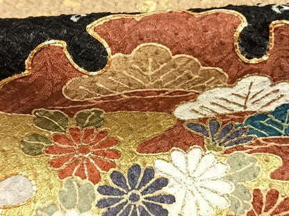 平和屋着物●訪問着　総絞り　駒刺繍　松竹梅　雪輪重ね花文　黒地　金彩　正絹　逸品　AABM8511fy
