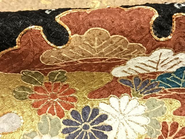 平和屋着物●訪問着　総絞り　駒刺繍　松竹梅　雪輪重ね花文　黒地　金彩　正絹　逸品　AABM8511fy