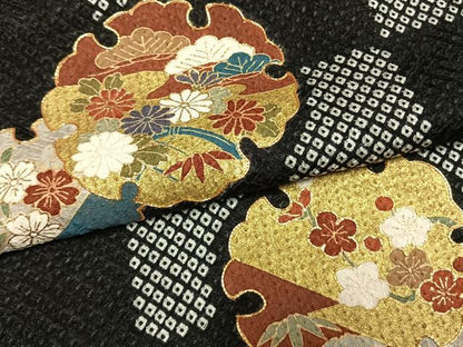 平和屋着物●訪問着　総絞り　駒刺繍　松竹梅　雪輪重ね花文　黒地　金彩　正絹　逸品　AABM8511fy
