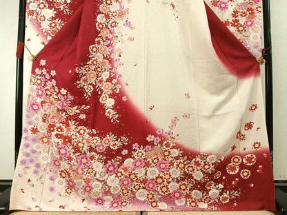 平和屋着物●豪華振袖　駒刺繍　草花鞠文　暈し染め　金糸　金彩　銀通し地　正絹　逸品　AABM8529fy