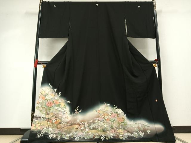 平和屋着物●豪華黒留袖　作家物　駒刺繍　草花文　暈し染め　金彩　ロング丈　正絹　逸品　AABM8534fy