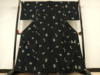 平和屋着物●上質な小紋　雪輪花文　黒地　正絹　逸品　AABM8549fy