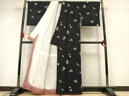 平和屋着物●上質な小紋　雪輪花文　黒地　正絹　逸品　AABM8549fy