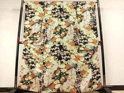 平和屋着物●創業460年・千總　振袖　草花文　黒地　金彩　正絹　逸品　AABM8561fy