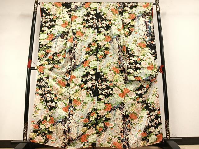 平和屋着物●創業460年・千總　振袖　草花文　黒地　金彩　正絹　逸品　AABM8561fy