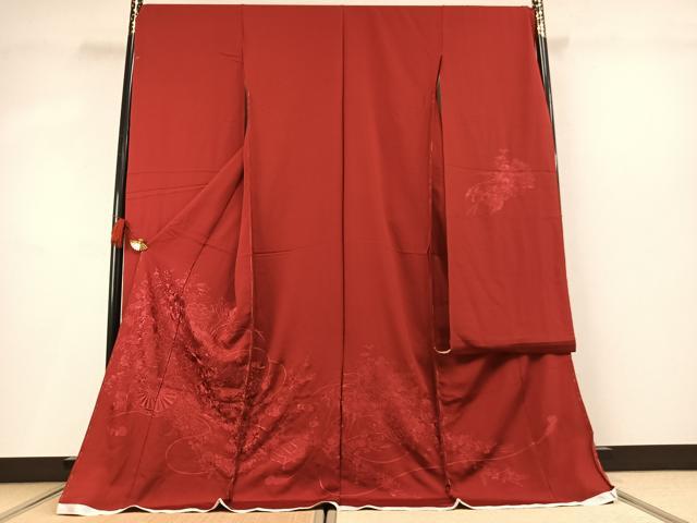 平和屋着物●中国三大刺繍 スワトウ刺繍 汕頭刺繍 総刺繍 振袖 片輪車花文 赤紅色 上代118万円 仮絵羽 正絹 逸品 未使用 AABM8576fy