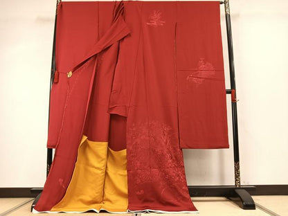 平和屋着物●中国三大刺繍 スワトウ刺繍 汕頭刺繍 総刺繍 振袖 片輪車花文 赤紅色 上代118万円 仮絵羽 正絹 逸品 未使用 AABM8576fy