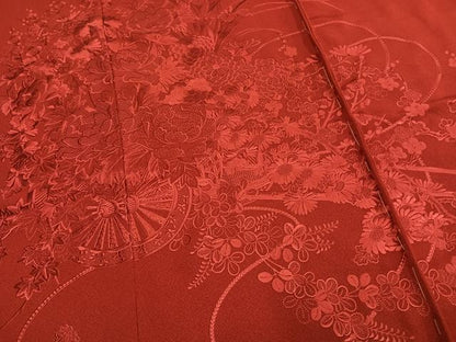 平和屋着物●中国三大刺繍 スワトウ刺繍 汕頭刺繍 総刺繍 振袖 片輪車花文 赤紅色 上代118万円 仮絵羽 正絹 逸品 未使用 AABM8576fy