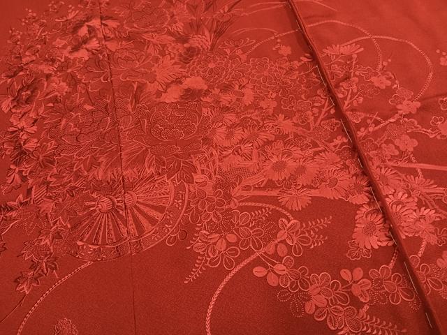 平和屋着物●中国三大刺繍 スワトウ刺繍 汕頭刺繍 総刺繍 振袖 片輪車花文 赤紅色 上代118万円 仮絵羽 正絹 逸品 未使用 AABM8576fy