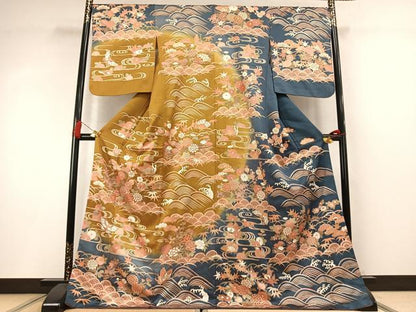 平和屋着物●訪問着　鴛鴦花蝶文　暈し染め　金彩　ロング丈　正絹　逸品　AABM8578fy
