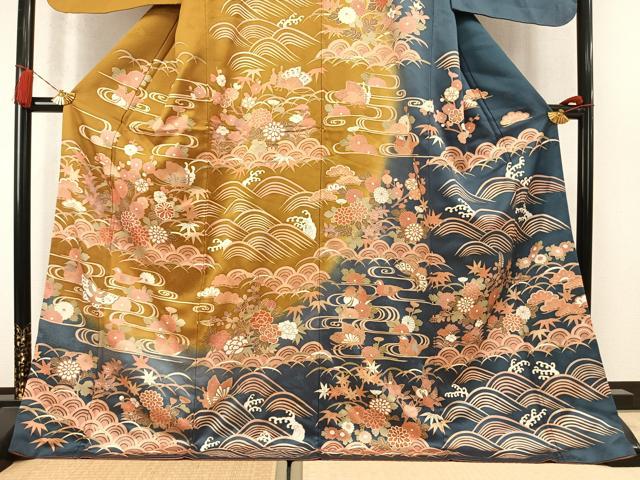 平和屋着物●訪問着　鴛鴦花蝶文　暈し染め　金彩　ロング丈　正絹　逸品　AABM8578fy