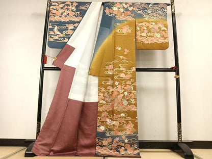 平和屋着物●訪問着　鴛鴦花蝶文　暈し染め　金彩　ロング丈　正絹　逸品　AABM8578fy