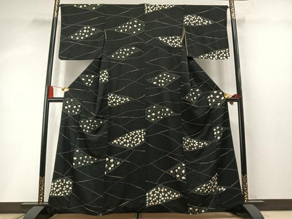 平和屋着物●上質な小紋　絞り　切嵌花文　黒地　正絹　逸品　AABM8582fy