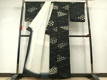 平和屋着物●上質な小紋　絞り　切嵌花文　黒地　正絹　逸品　AABM8582fy