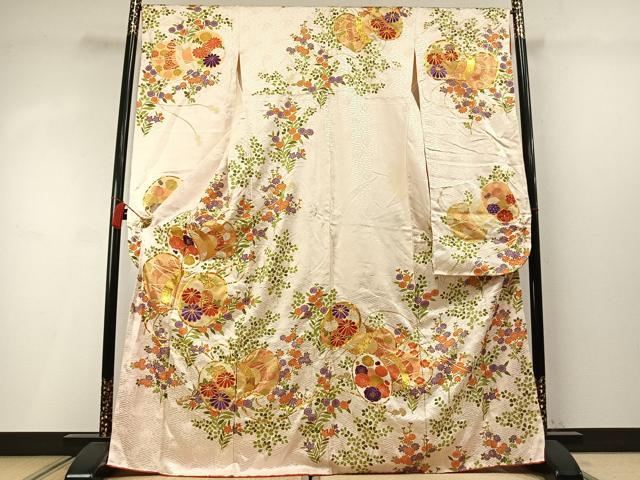 平和屋着物●豪華振袖　駒刺繍　花鼓文　金糸　金彩　正絹　逸品　AABM8587fy