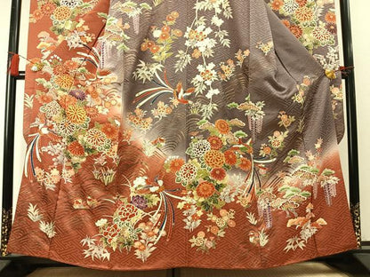 平和屋着物●豪華振袖　駒刺繍　花鳥文　暈し染め　金彩　正絹　逸品　AABM8591fy