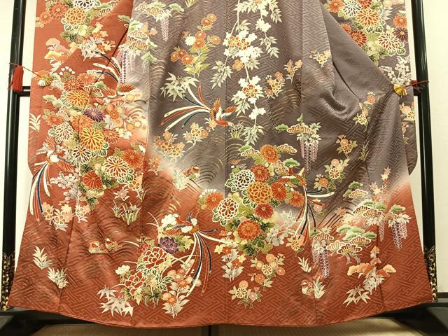 平和屋着物●豪華振袖　駒刺繍　花鳥文　暈し染め　金彩　正絹　逸品　AABM8591fy