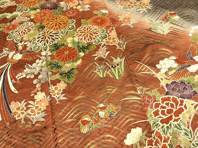 平和屋着物●豪華振袖　駒刺繍　花鳥文　暈し染め　金彩　正絹　逸品　AABM8591fy