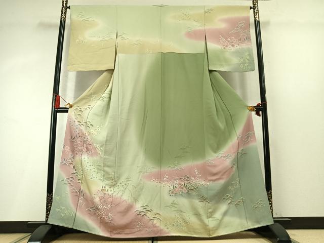 平和屋着物●訪問着　絞り　松竹梅　風景花文　暈し染め　正絹　逸品　AABM8596fy