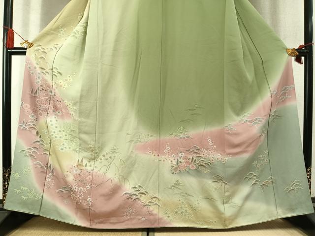 平和屋着物●訪問着　絞り　松竹梅　風景花文　暈し染め　正絹　逸品　AABM8596fy