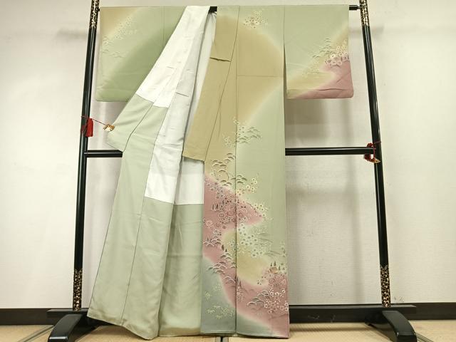 平和屋着物●訪問着　絞り　松竹梅　風景花文　暈し染め　正絹　逸品　AABM8596fy