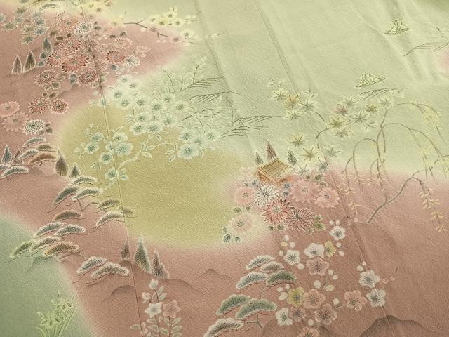 平和屋着物●訪問着　絞り　松竹梅　風景花文　暈し染め　正絹　逸品　AABM8596fy
