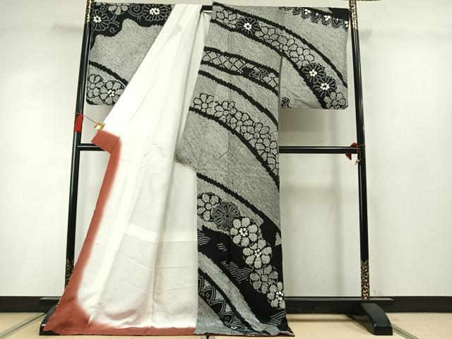 平和屋着物●訪問着　総絞り　舞花文　黒地　ロング丈　正絹　逸品　未使用　AABM8602fy