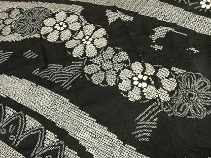 平和屋着物●訪問着　総絞り　舞花文　黒地　ロング丈　正絹　逸品　未使用　AABM8602fy