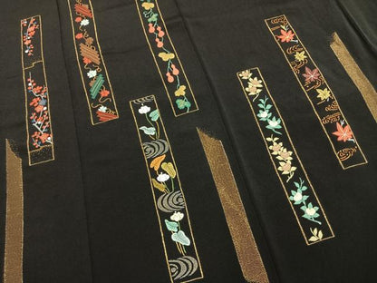 平和屋着物●訪問着　作家物　総刺繍　色紙花文　黒地　金糸　正絹　逸品　未使用　AABM8614fy