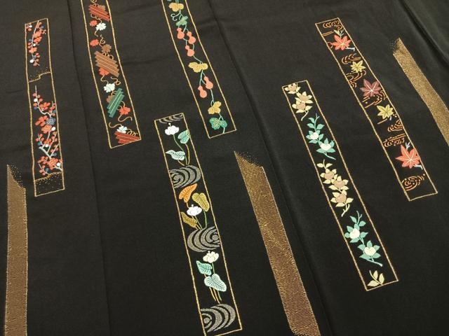 平和屋着物●訪問着　作家物　総刺繍　色紙花文　黒地　金糸　正絹　逸品　未使用　AABM8614fy