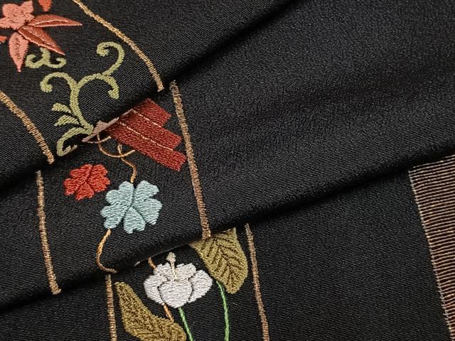 平和屋着物●訪問着　作家物　総刺繍　色紙花文　黒地　金糸　正絹　逸品　未使用　AABM8614fy