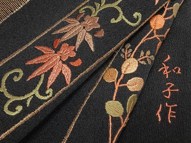 平和屋着物●訪問着　作家物　総刺繍　色紙花文　黒地　金糸　正絹　逸品　未使用　AABM8614fy